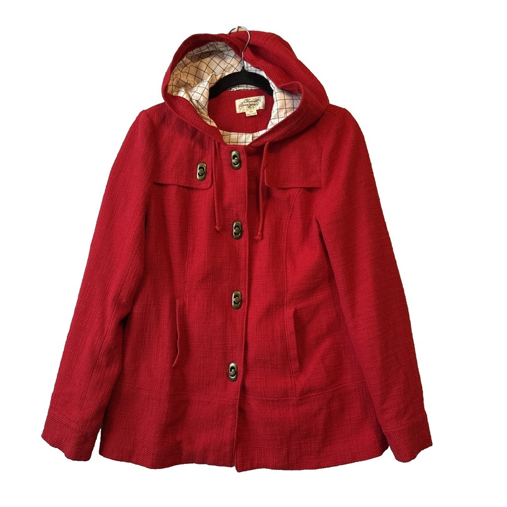Forever 21 Red Woven Hooded Toggle Plaid Grid Lining Jacket M Classic Nautical